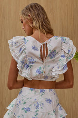 Wild And Free Pintuck Pleat Ruffle Crop Top Floral Beige